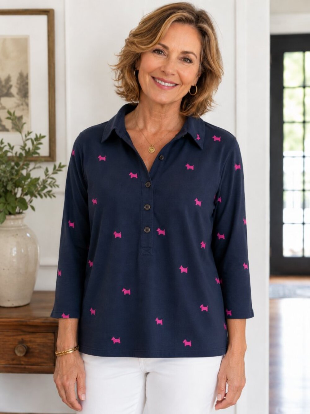 Charter Club Navy Pink Scottie Dog Print Pullover Collared Top Size XS